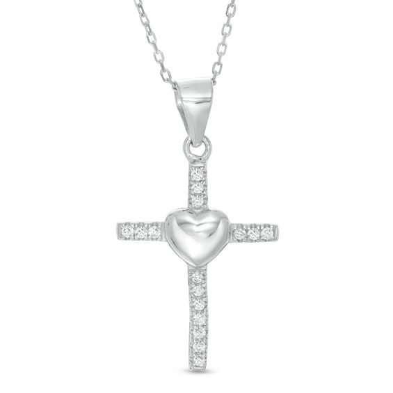 Cubic Zirconia Cross with Heart Pendant in Sterling Silver