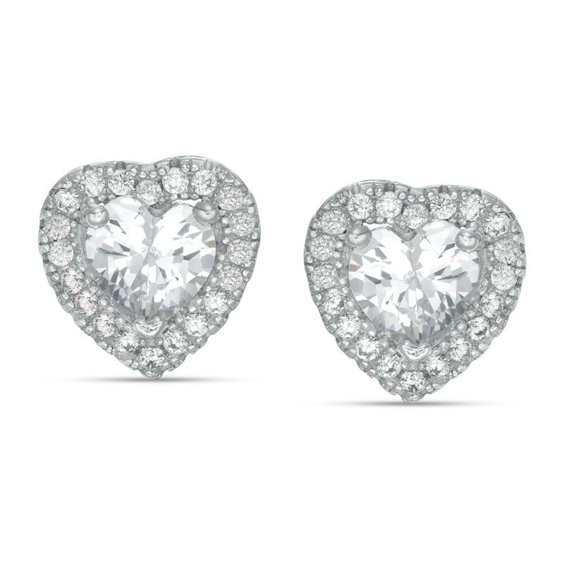 Main Image 1 of 5mm Heart-Shaped Cubic Zirconia Frame Stud Earrings in Solid Sterling Silver