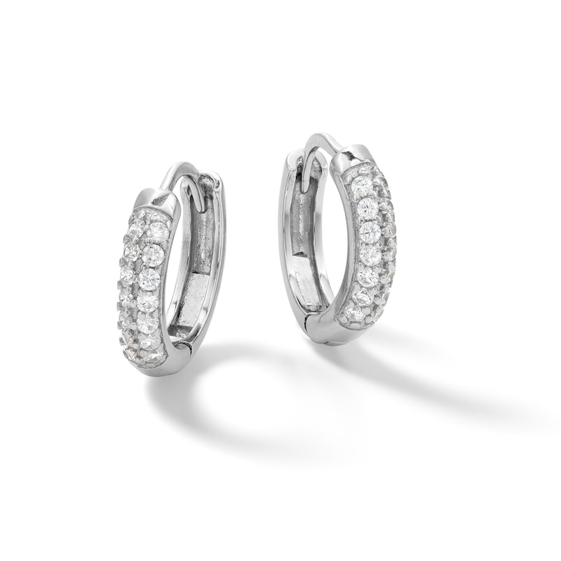 Main Image 1 of Cubic Zirconia Pavé Double Row Huggie Hoop Earrings in Sterling Silver