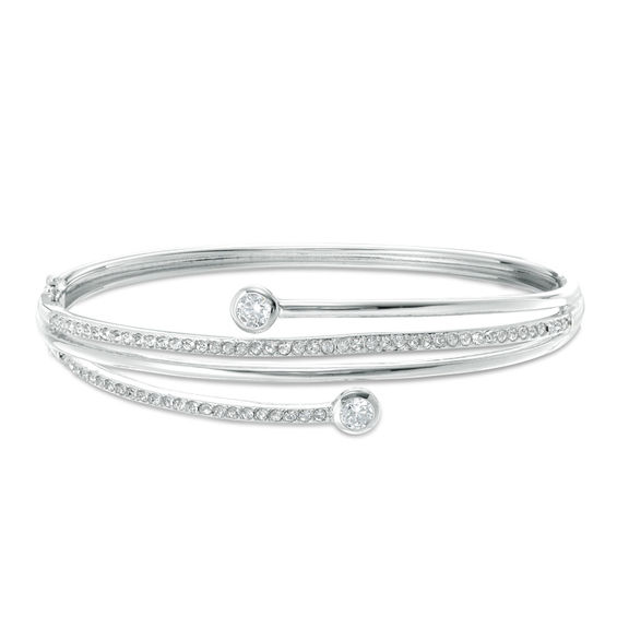 4mm Bezel-Set Cubic Zirconia and Crystal Multi-Row Bypass Bangle in Brass with White Rhodium