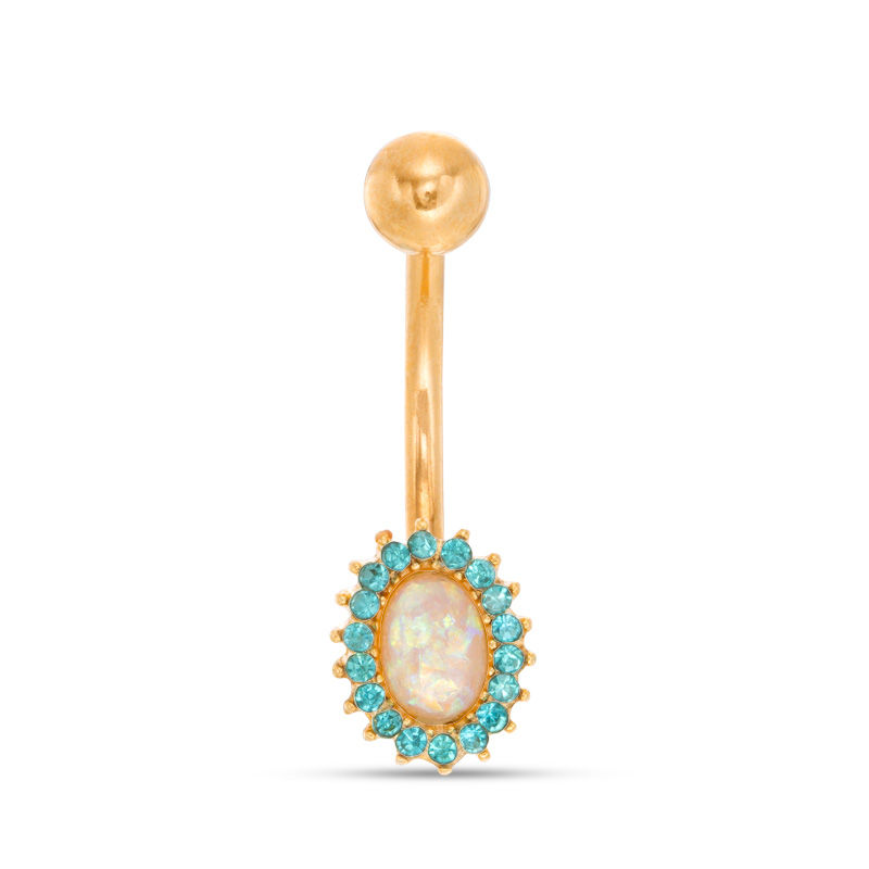 Main Image 1 of Yellow Ion Plated Oval Dichroic and Blue Crystal Frame Belly Button Ring - 14G 3/8&quot;