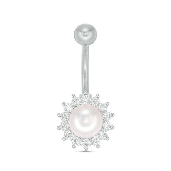014 Gauge Pearl and Cubic Zirconia Frame Curved Belly Button Ring in Brass and Stainless Steel