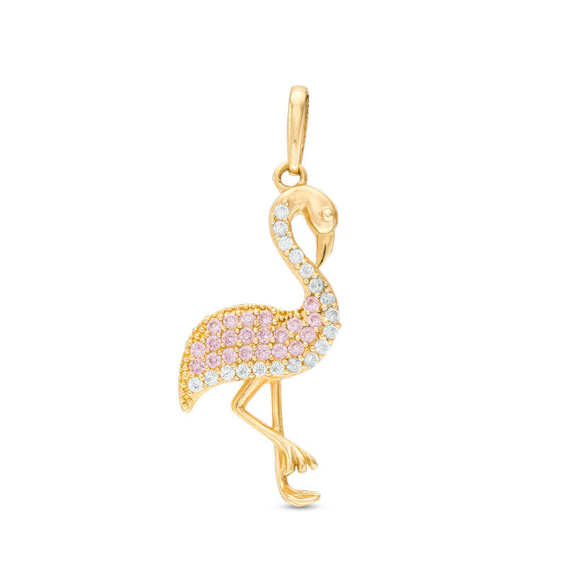 Pink and White Cubic Zirconia Flamingo Necklace Charm in 10K Gold