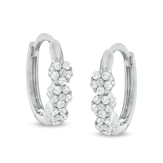 Cubic Zirconia Triple Flower Huggie Hoop Earrings in Sterling Silver