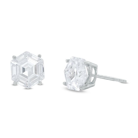 8mm Hexagon-Shaped Cubic Zirconia Solitaire Stud Earrings in Sterling Silver - XL Post