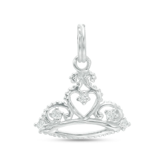 Cubic Zirconia Large Tiara Crown Necklace Charm in Sterling Silver