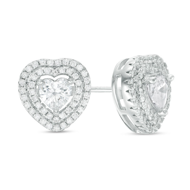 5mm Heart-Shaped Cubic Zirconia Double Frame Stud Earrings in Solid Sterling Silver