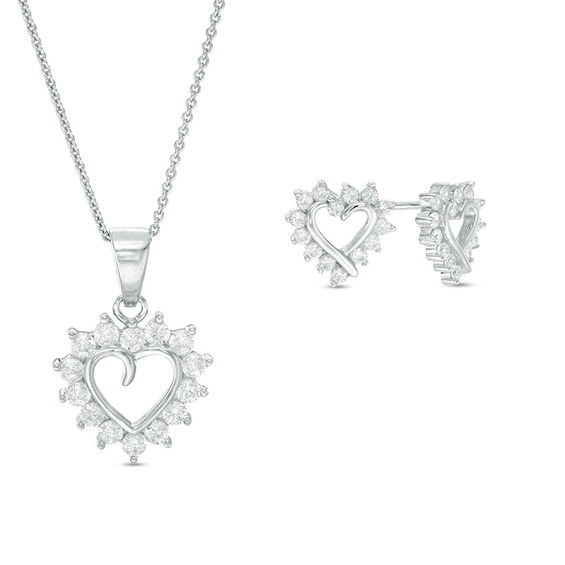 Cubic Zirconia Shadow Heart Pendant and Stud Earrings Set in Sterling Silver