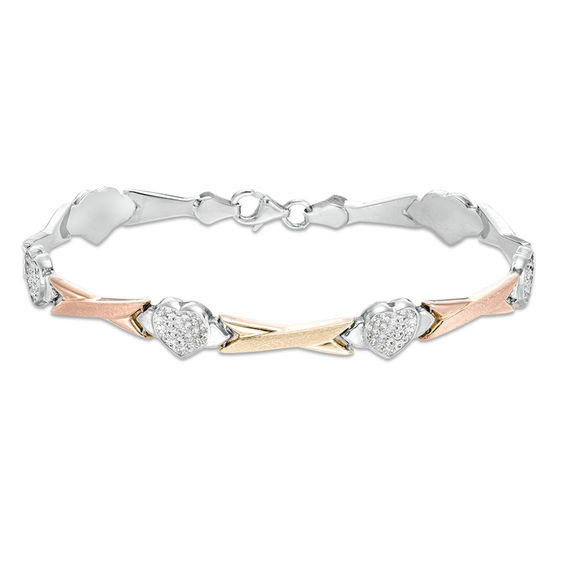 Crystal Bead Cluster Heart Station and Criss-Cross Link Bracelet in Sterling Silver and 10K Two-Tone Gold - 7.25"