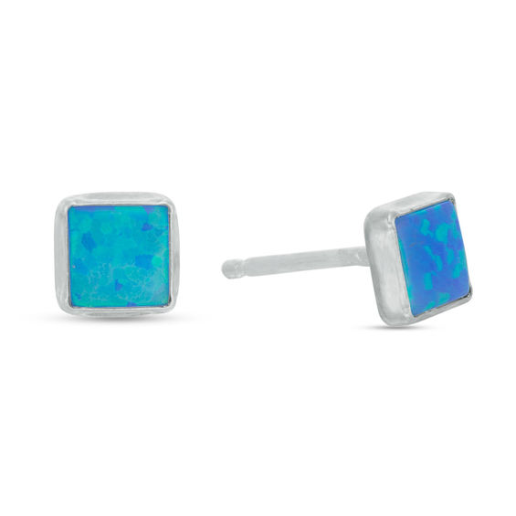 Child's 5mm Simulated Square Blue Opal Stud Earrings in Sterling Silver