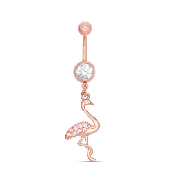 014 Gauge Cubic Zirconia Flamingo Drop Belly Button Ring in Stainless Steel with Rose IP
