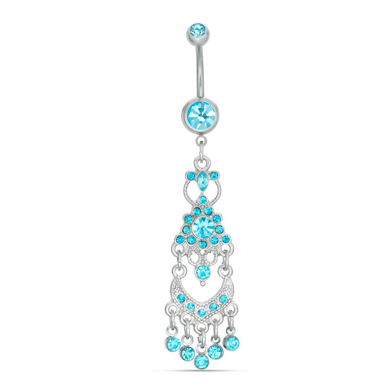 014 Gauge Blue Crystal Chandelier Dangle Belly Button Ring in Stainless Steel