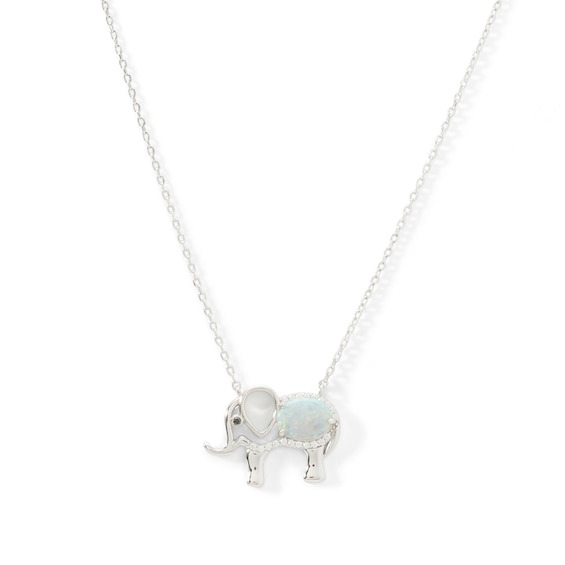 Sterling Silver Lab-Created Opal and White Sapphire with Black Spinel Elephant Pendant