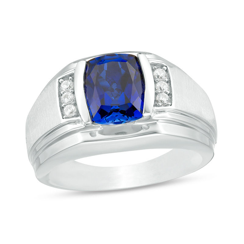 Barrel-Cut Lab-Created Blue and White Sapphire Ring in Sterling Silver