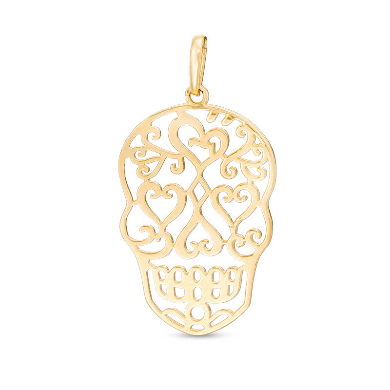 Main Image 1 of Filigree Sugar Skull Necklace Charm in 10K Gold