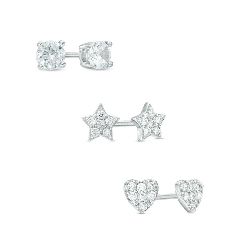 Main Image 1 of 4mm Cubic Zirconia Solitaire with Star and Heart Cluster Stud Earrings Set in Sterling Silver