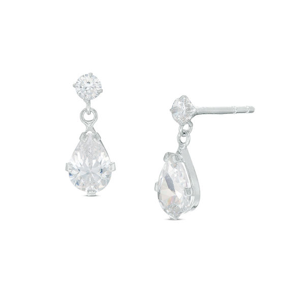 Pear-Shaped and Round Cubic Zirconia Drop Earrings in Sterling Silver