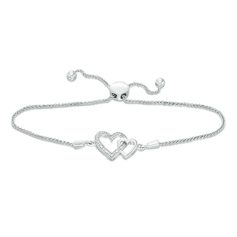 Main Image 1 of Diamond Accent Interlocking Double Heart Bolo Bracelet in Sterling Silver - 9.5&quot;