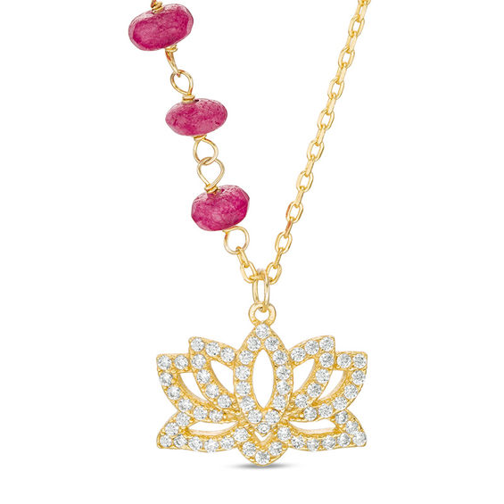 Cubic Zirconia and Pink Glass Bead Trio Lotus Flower Pendant in Sterling Silver with 14K Gold Plate