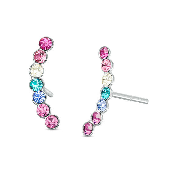 Child's Multi-Color Crystal Curved Crawler Earrings in Sterling Silver