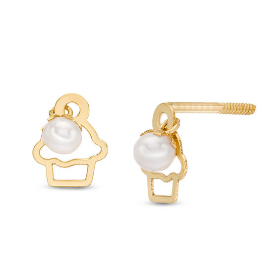 Child's 3.5mm Button Freshwater Cultured Pearl Cut-Out Cupcake Stud Earrings in 14K Gold