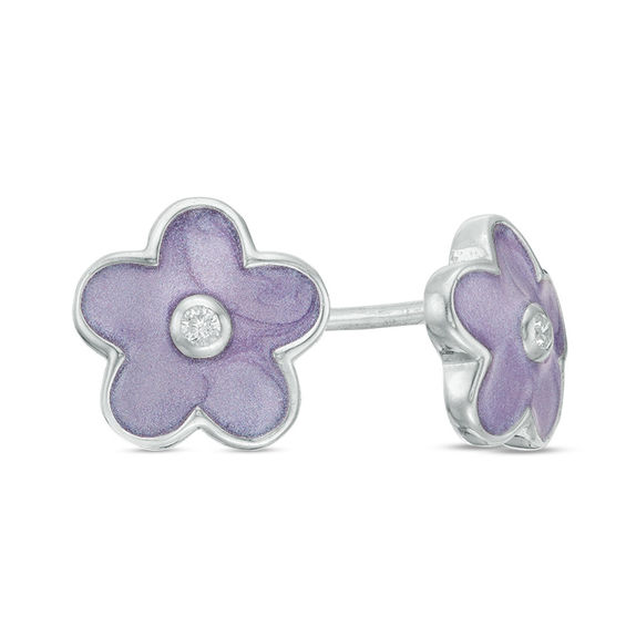 Child's Cubic Zirconia and Purple Enamel Flower Stud Earrings in Sterling Silver