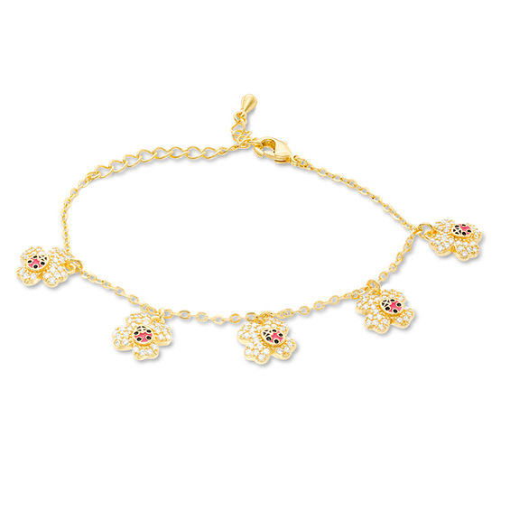 Child's Cubic Zirconia Clover with Enamel Ladybug Charm Bracelet in Brass with 18K Gold Plate - 5.5"