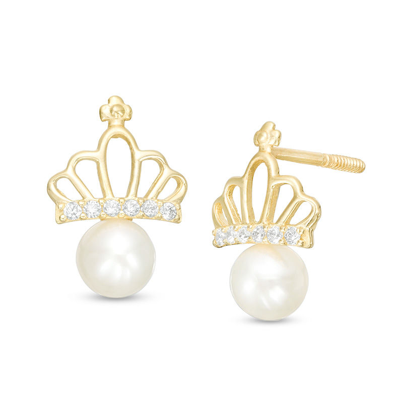 Main Image 1 of Child's 4mm Freshwater Cultured Pearl and Cubic Zirconia Crown Stud Earrings in 10K Gold