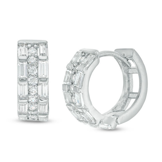 Baguette and Round Cubic Zirconia Triple Row Huggie Hoop Earrings in Sterling Silver