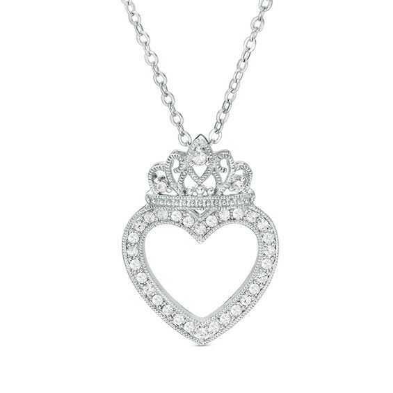 Crystal Heart Outline with Crown Vintage-Style Pendant in Brass with White Rhodium