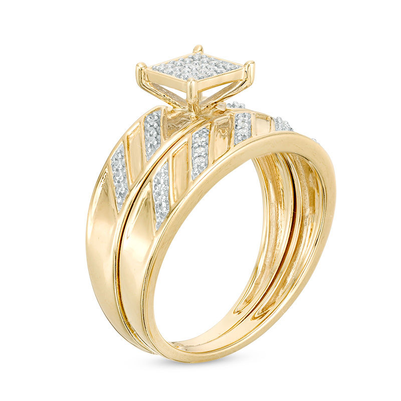 Main Image 2 of 1/10 CT. T.W. Diamond Square Composite Wedding Ensemble in 10K Gold - Size 7 and 10.5