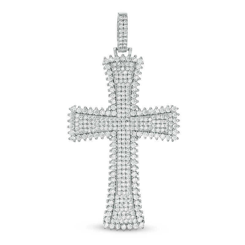 Main Image 1 of Cubic Zirconia Textured Frame Cross Necklace Charm in Solid Sterling Silver