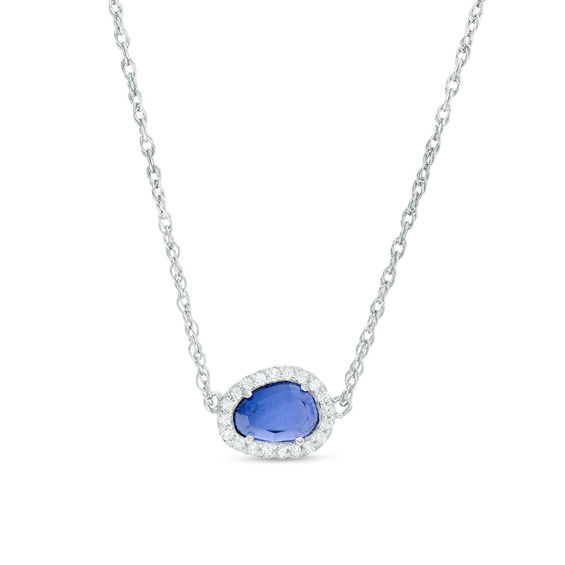 Sideways Abstract Pear-Shaped Lab-Created Blue and White Sapphire Frame Necklace in Sterling Silver