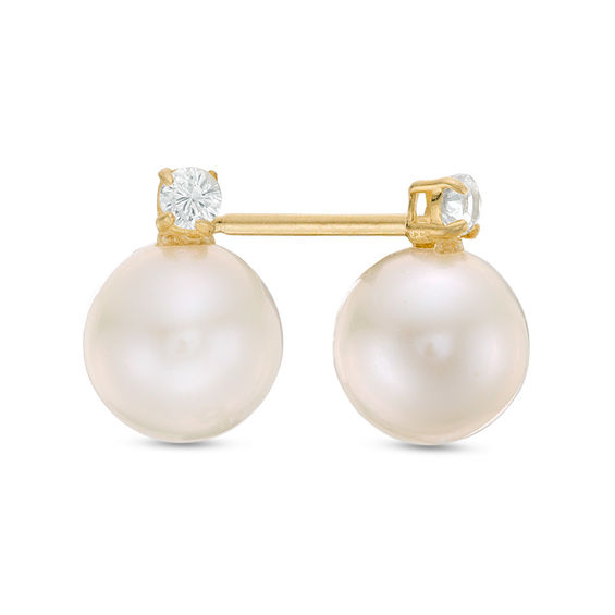 5.75 - 6.25mm Cultured Freshwater Pearl and Lab-Created White Sapphire Stud Earrings in 10K Gold