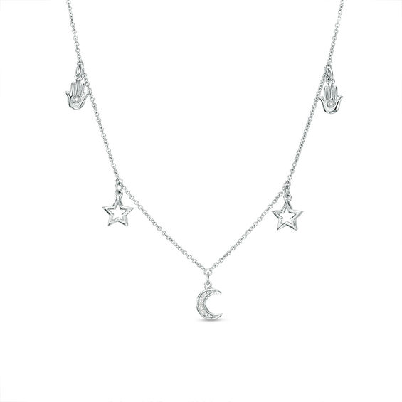 Diamond Accent Hamsa, Star and Crescent Moon Charm Choker Necklace in Sterling Silver - 16"