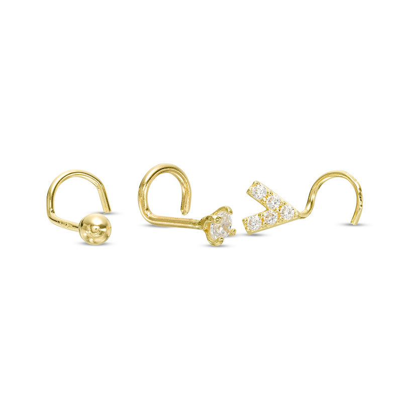 Main Image 1 of 022 Gauge Cubic Zirconia Solitaire and Arrow Three Piece Nose Stud Set in 14K Gold