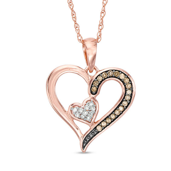 1/8 CT. T.W. Champagne and White Composite Diamond Double Heart Pendant in 10K Rose Gold