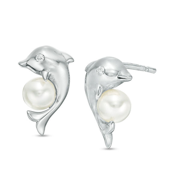 5mm Simulated Pearl and Cubic Zirconia Dolphin Stud Earrings in Sterling Silver