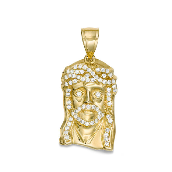Cubic Zirconia Jesus Head Necklace Charm in 10K Gold