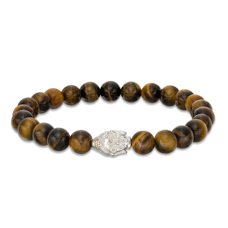 Main Image 1 of 8mm Simulated Tiger's Eye Bead and Sideways Buddha Head Stretch Bracelet in Sterling Silver - 7.5&quot;