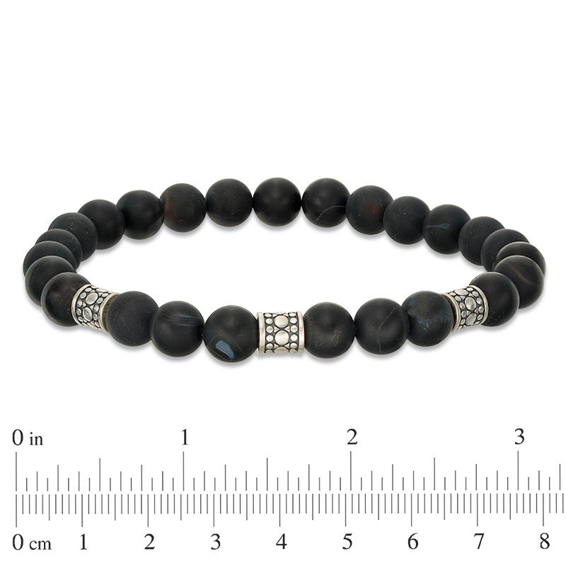 8mm Simulated Onyx and Ornate Oxidized Bead Station Stretch Bracelet in Sterling Silver - 7.5"