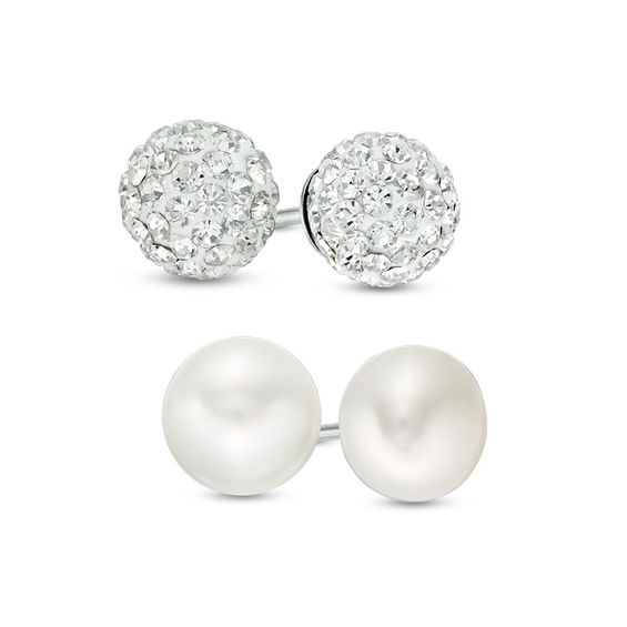 Honora 8 - 9mm Freshwater Cultured Pearl and Crystal Ball Stud Earrings Set in Sterling Silver