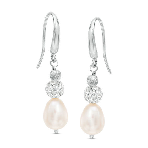 Honora 8 - 9mm Oval Freshwater Cultured Pearl and Crystal Ball Drop Earrings in Sterling Silver