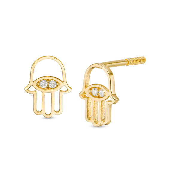 Child's Cubic Zirconia Hamsa with Evil Eye Stud Earrings in 14K Gold