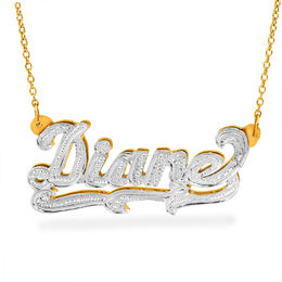 Script Name and Beaded Triple Scroll Necklace in Sterling Silver and 14K Gold Plate (1 Line)