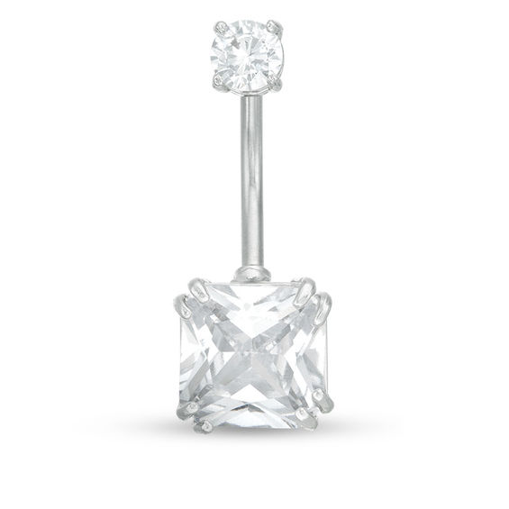 014 Gauge Asscher-Cut Cubic Zirconia Belly Button Ring in Stainless Steel