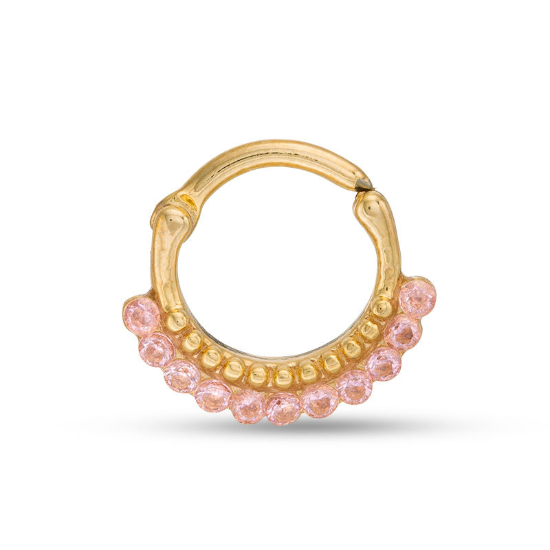 Main Image 1 of 016 Gauge Pink Cubic Zirconia Beaded Cartilage Hoop in Stainless Steel with Yellow IP