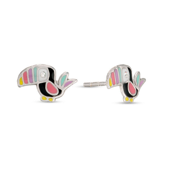Child's Crystal and Multi-Color Enamel Toucan Stud Earrings in Sterling Silver