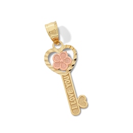 Child's Diamond-Cut &quot;I LOVE YOU&quot; Heart-Top and Flower Key Necklace Charm in 10K Two-Tone Gold