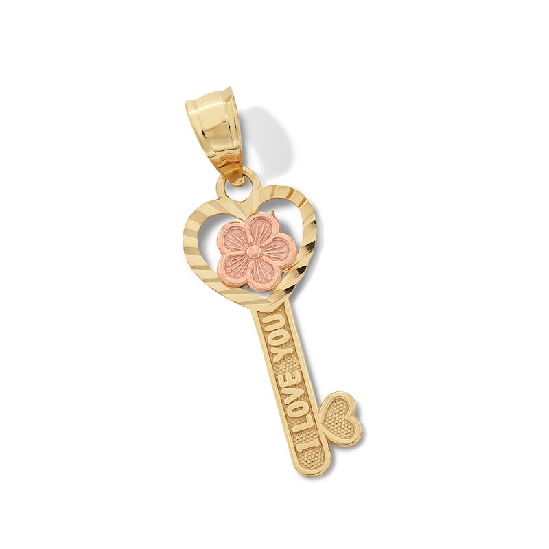 Main Image 1 of Child's Diamond-Cut &quot;I LOVE YOU&quot; Heart-Top and Flower Key Necklace Charm in 10K Two-Tone Gold